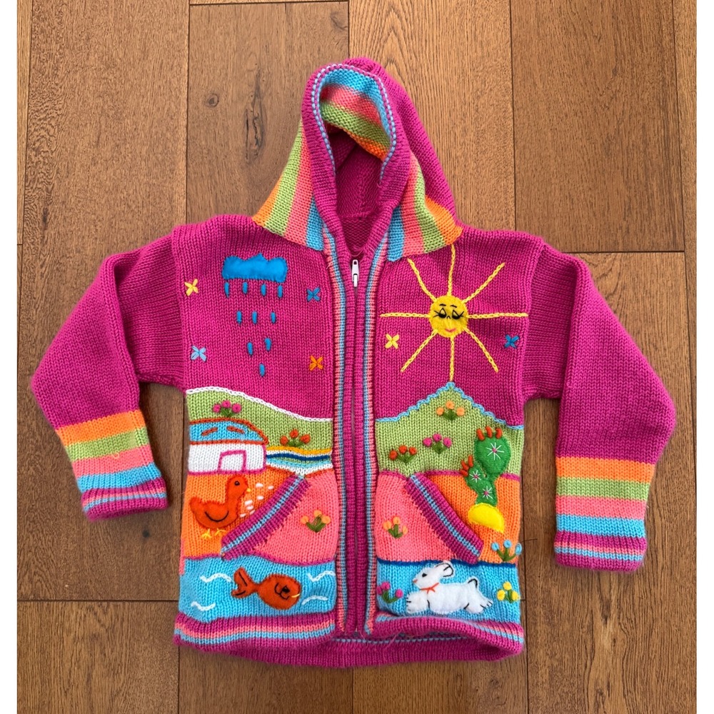 Vintage Handmade Hooded Sweater Kids 3T 4T Excellent Novelty Storybook Knit Zip